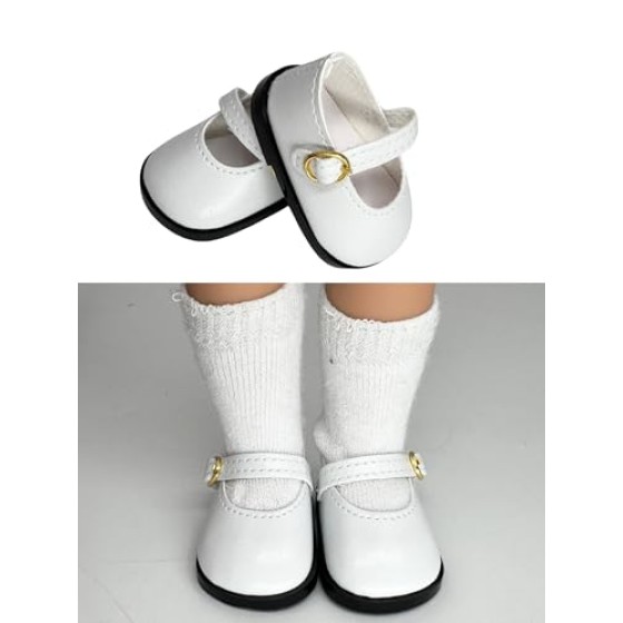 14.5" American Doll Shoes- Mary Jane Black,Red,White,Pink- Shiny Shoe (White)