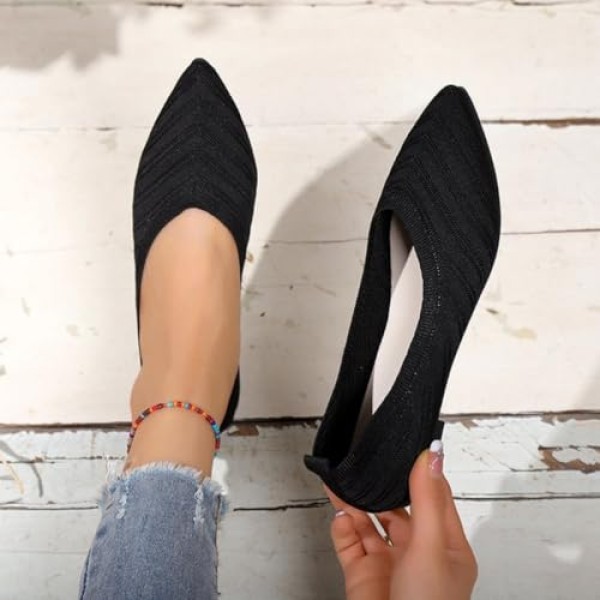Women's Pointed Toe Knit Ballet Flats - Comfortable Breathable Slip On Dress Shoes, Soft Walking Loafers for Work & Casual