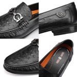 Black Luxury Men's Leather Dress Shoes, Fashion Classic Ostrich Printed Business Shoes Casual Buckle Party Wedding Penny Loafer Shoes for Men