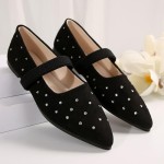 Women's Mary Jane Flats Shoes Pointed Toe Rhinestone Casual Ballet Flats with Ankle Strap Comfortable Suede Dress Shoes for Women Work Office