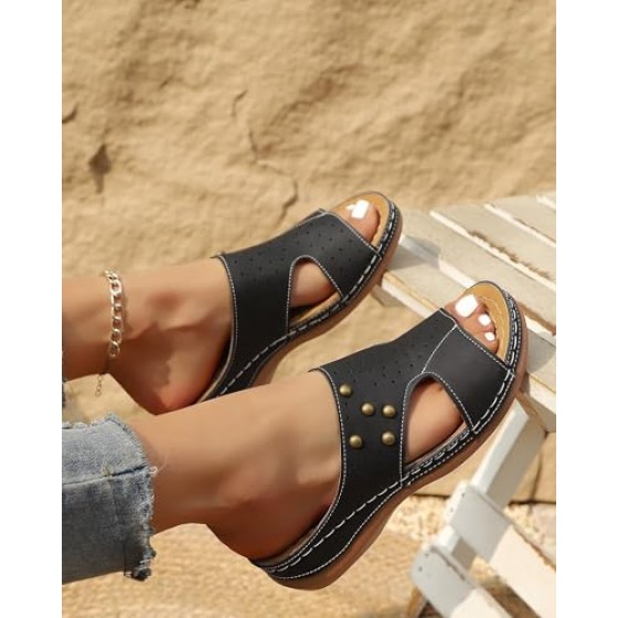 Ladies' Summer Thick Sole Slide Sandals, Cozy Wedge Beach Footwear, Slip Flip-Flops