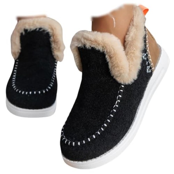 Women's Winter Snow Boots Slip on Ankle Booties with Faux Fur Lining, Warm Plush Short Boots Anti-Slip Outdoor Comfortable Casual Fluffy Shoes