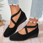 Women's Dress Flats Ballet Low Wedge Round Toe Fashion Elastic Ankle Strap Comfortable Casual Flats Shoes