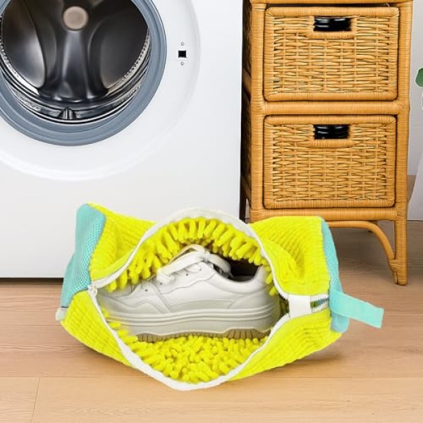 Reusable Shoe Washing Bag for Machine - Protective Laundry Shoe Cleaner with Chenille Fibers for Sneakers & Athletic Shoes - Yellow